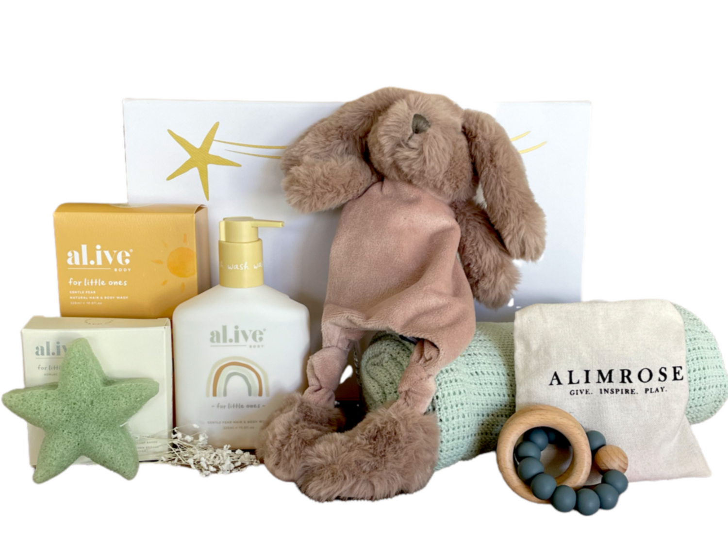 Best gift hamper for a new baby with a little comforter and gorgeous al.ive products for hair and body wash. Jiggle & Giggle plush toys and blankets and Alimrose beechwood & silicon teether. New born baby gifts. Free delivery Australia wide