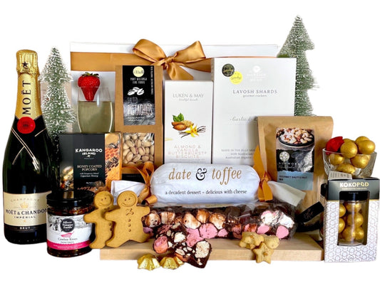 Best Christmas Gift Hamper to share and celebrate with your office colleagues or family and friends. Moet & Chandon Champagne, Pudding Lane, Charlotte Piper Rocky Road,Moreish Menu, Silver Tongue Foods, Luken & May Cookies, Willunga Foods Pistachios, Gourmet Chocolate Treats to share. Free local delivery