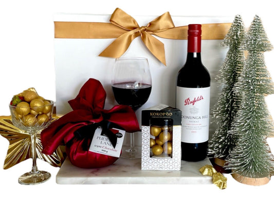 Perfect Corporate Christmas Gift for employees, friends, Mum and Dad, Parents in Law to celebrate Christmas. Australian artisan and gourmet products including Penfolds Koonunga Hill Shiraz Cabernet, Pudding Lane Triple Chocolate Pudding, Kokopod Macadamias. Free local delivery and express post Australia wide