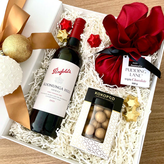 Perfect Corporate Christmas Gift for employees, friends, Mum and Dad, Parents in Law to celebrate Christmas. Australian artisan and gourmet products including Penfolds Koonunga Hill Shiraz Cabernet, Pudding Lane Triple Chocolate Pudding, Kokopod Macadamias. Free local delivery and express post Australia wide