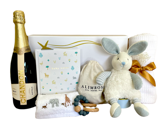 Best celebration gift for a baby with Chandon Champagne, Kikki K Baby Journal. Alimrose silicon teether and Jiggle & Giggle knitted baby toys and blanket. Gifts for baby boys. Free delivery Australia wide.