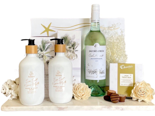 Best birthday or thank you gift for women. Urban & Rituelles latest Summer Collection of Sea Salt & Lemon Myrtle Hand & Body Wash & Lotion,  Jacobs Creek Sauvignon Blanc and Chocolatier treats.  Free local delivery and express post Australia wide.